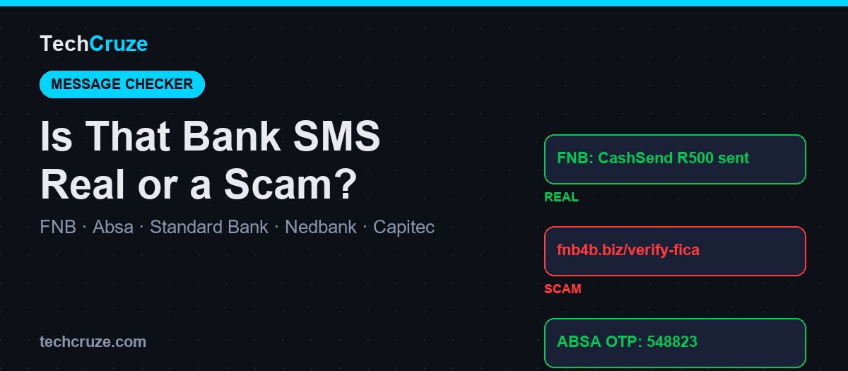 Checklist comparing a real FNB CashSend SMS against a fake FICA-update phishing link