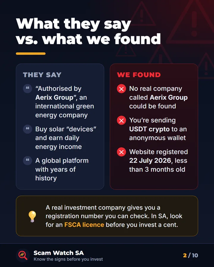 What ENC says versus what we found: no real Aerix Group, USDT to an anonymous wallet, website under 3 months old