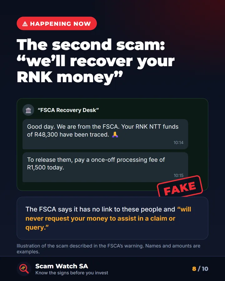Illustration of a fake FSCA recovery message asking an RNK victim for a R1,500 processing fee