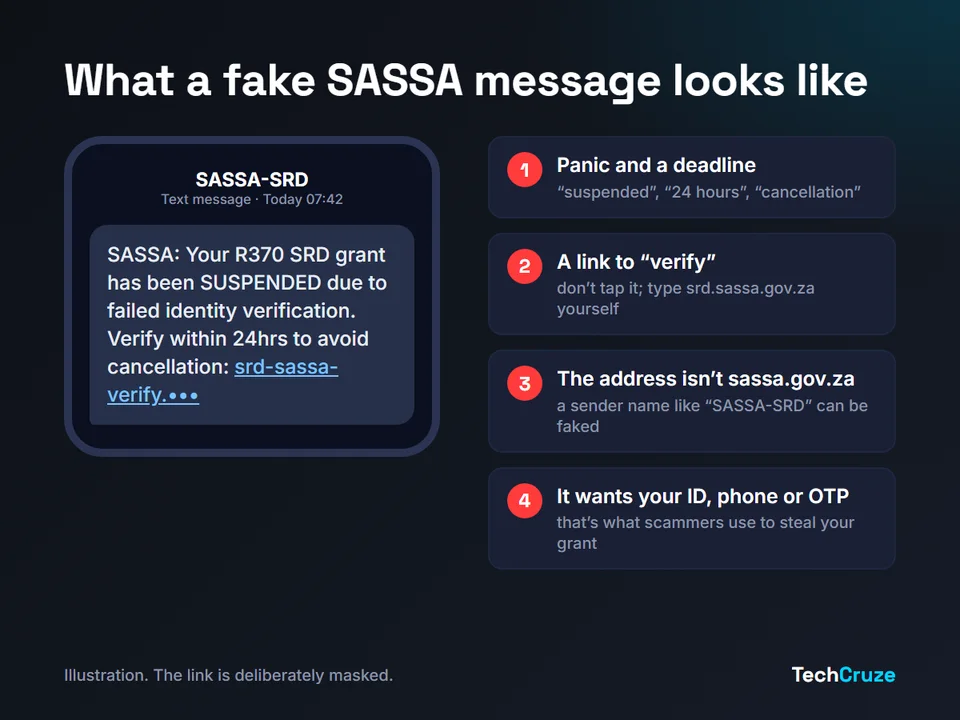 Example of a fake SASSA SMS claiming an SRD grant is suspended, with four warning signs labelled